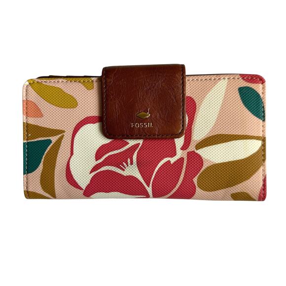 Fossil Floral Snap Wallet Bifold Vegan Leather Trim Organizer Boho - Picture 1 of 10